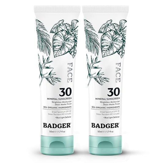 Badger Zinc Oxide Face Sunscreen SPF 30, Lightweight Mineral Sunscreen for Face, Matte Finish, No White Cast, Vegan, Water Resistant, Unscented, Mineral Sunblock Lotion, 1.7 fl oz, 2-Pack