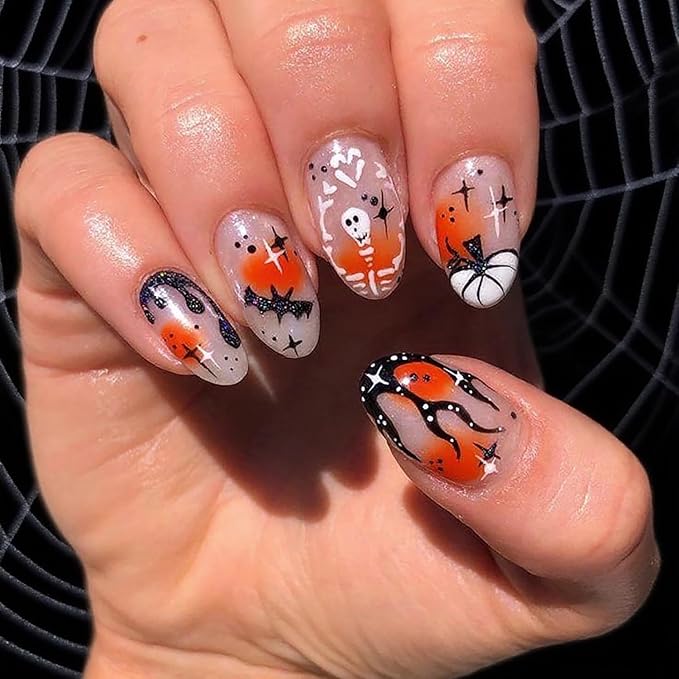 24Pcs Halloween Press on Nails Short Oval False Nail with Hand Heart Skeleton Designs Halloween Fake Nails Black Flame French Tip Nail Pumpkin Bat Glue on Nails for Women DIY Manicure Salon