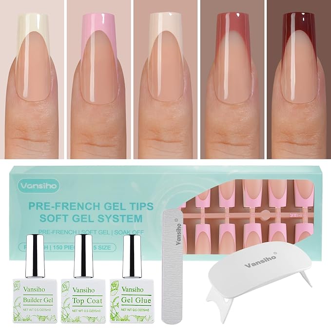 Vansiho French Gel Nails Kit - Long Square French Tip Press on Nails Kit, Nail Gel and Nail Lamp for Gift and Nail Art DIY
