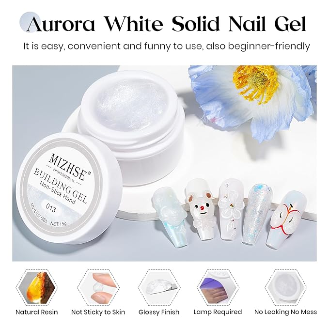 MIZHSE Solid Builder Gel, Aurora White Non-Sticky Hand Sculpting Gel for Nails, Mermaid Pearl 3D Nail Art Building Carving Modeling Hard Extension Soak Off U V LED Manicure Salon Home DIY 15g