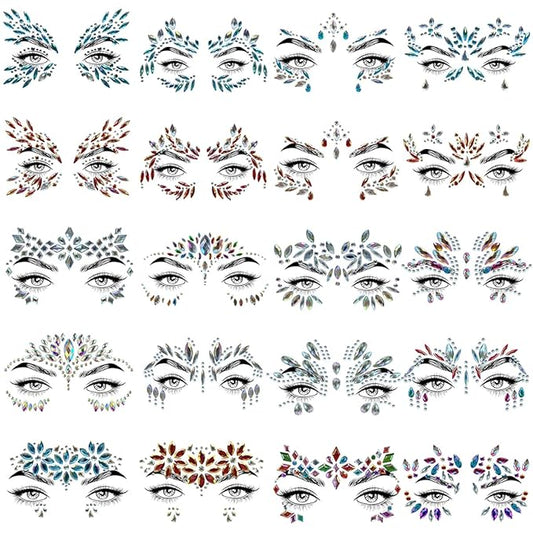 20 Sets Face Jewels - Mermaid Glitter Gems. Waterproof Temporary Tattoos for Eyes & Face. Ideal for Parties, Raves, Carnivals & Holiday Costumes - Top Rave Makeup Accessories