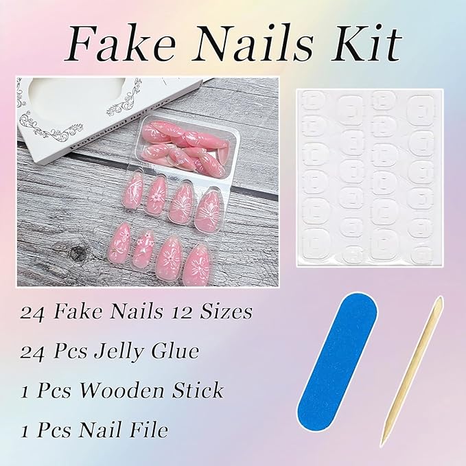 24Pcs Pink Press on Nails Medium Almond Fake Nails with 3D Flower Butterfly Designs Stick on Nails Bow False Nails Spring Summer Floral Acrylic Nails Gold Bead Glue on Nails for Women Nail Supplies