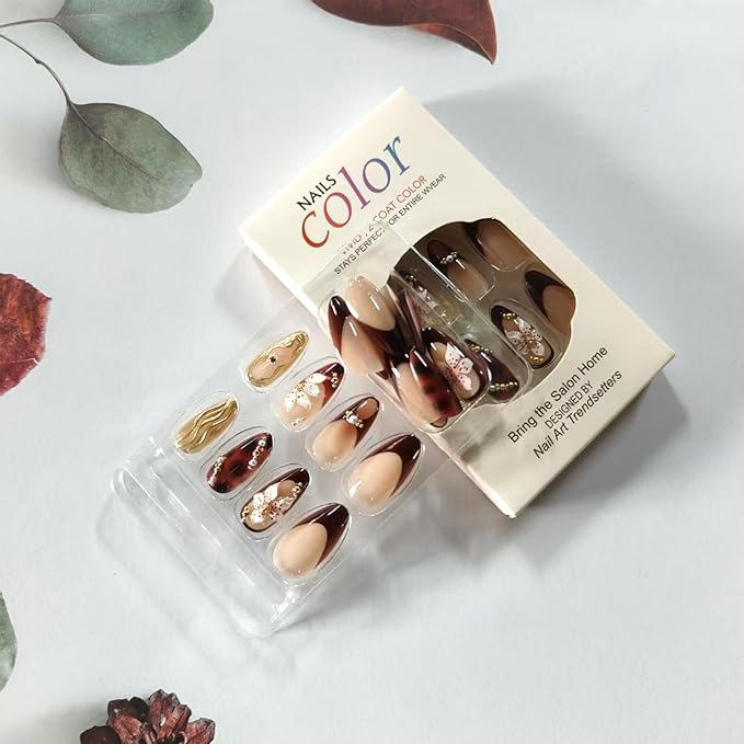 Fall Press on Nails Brown French Tip Fake Nails with Gold Charm Designs Medium Almond Handmade Glue on Nail Tortoiseshell Leopard False Nails 3D Floral Stick on Nails for Women 24Pcs
