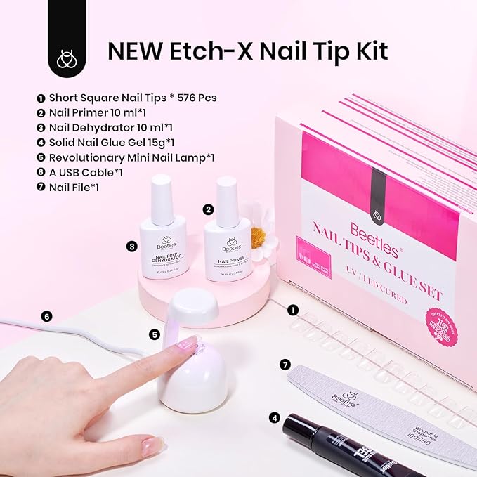 Beetles Gel Nail Kit Short Square with Nail Dehydrator and Primer, 576Pcs Half Matte Etch-X Gel Nail Tips Solid Nail Glue Mini Nail Lamp Acrylic Nail Tips Easy DIY Nail Extension Set Gift for Women
