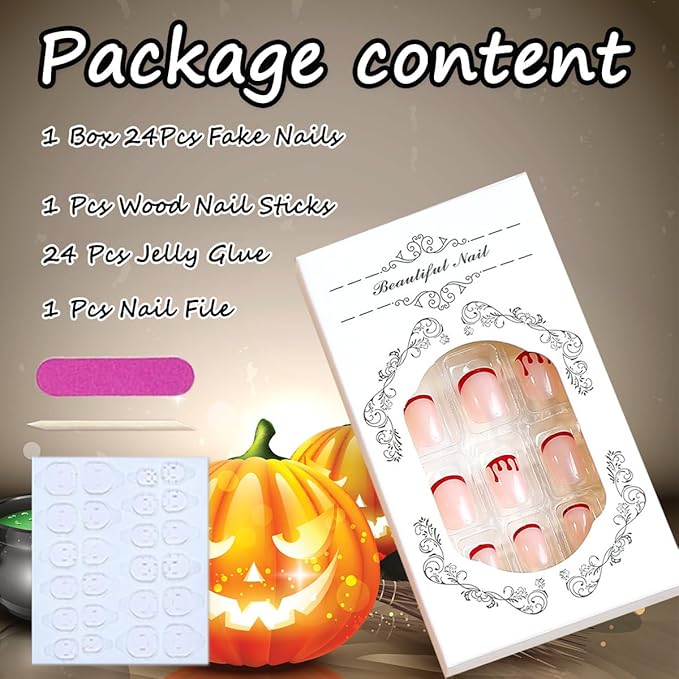 24 Pcs Halloween Press on Nails Short French Tips False Nails with Designs Cute Nude Pink Fake Nails Red Blood Nail Tips Acrylic Glue on Nails Square Full Cover Stick on Nails for Women Manicure Tips