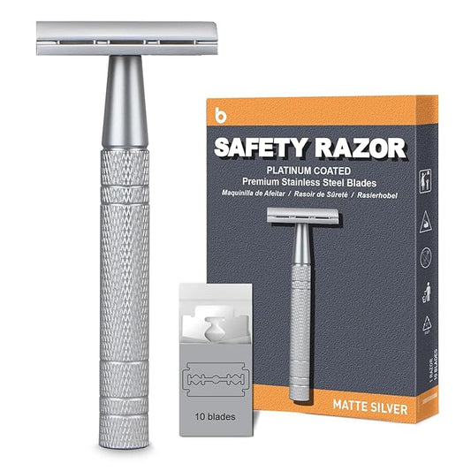 Double Edge Safety Razor, Single Blade Razors for Men and Women, with 10 Double Edge Blades, Reusable Metal 1 Blade Razor, Eco-Friendly, Zero Waste, Smooth and Close Shave, Matte Silver