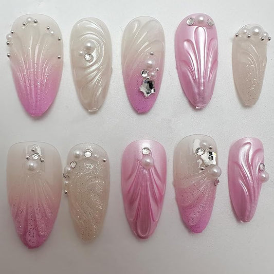 24Pcs Pink Gradient Press on Nails Medium Almond Fake Nails with 3D Pearl Star Shape Rhinestones Shell Design White Pink Nude Ombre French Tip Acrylic False Nails Glue on Nails for Women
