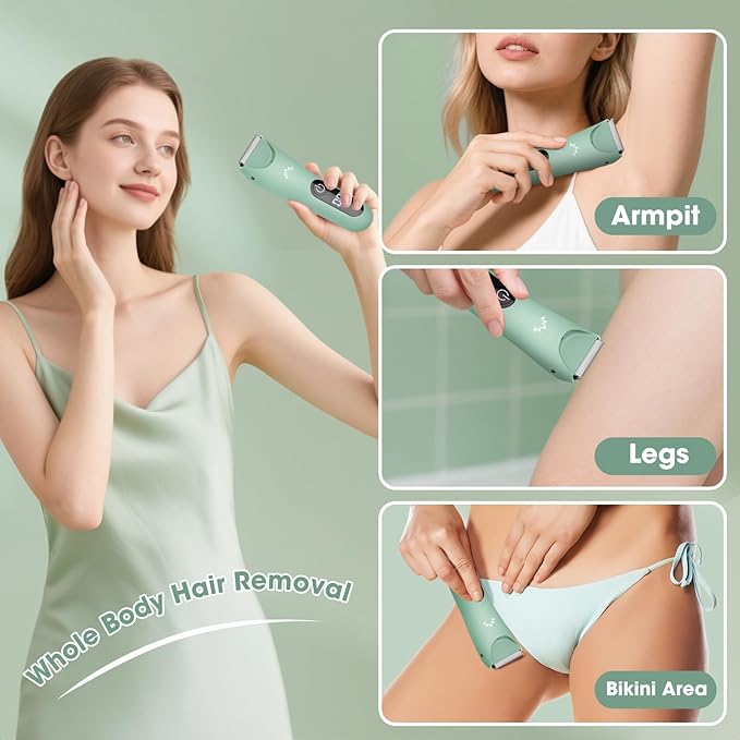 Bikini Trimmer for Women, Painless Pubic Hair Trimmer for Armpit Leg Arm Body Private Area,Rechargeable Womens Electric Razors Shaver LED Light Ceramic Blade IPX7 Waterproof Wet/Dry LCD Display,Green