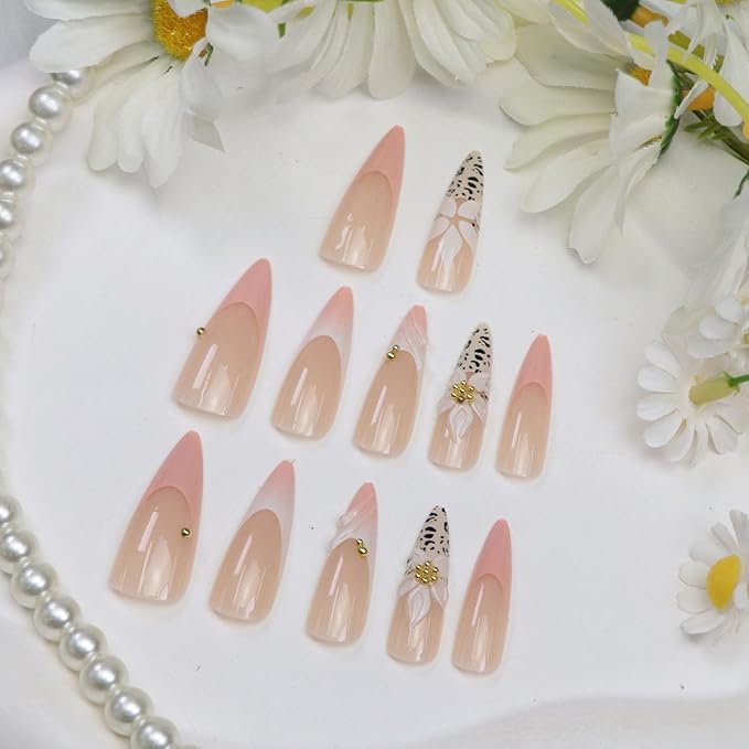 Fall Press on Nails Long Almond Fake Nails with Leopard Print Flower Designs Pink French Tip Nails Press ons Cute Acrylic Nails for Women 24Pcs