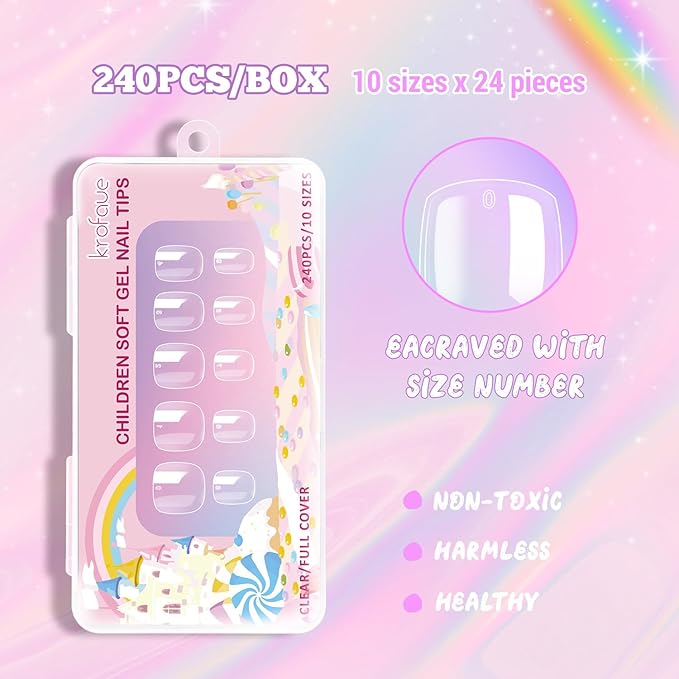 krofaue Short Kids Clear False Nails - 240Pcs Press on Nails for Little Girls Full Cover Children Fake Nails Fingernail Decoration 10 Sizes Soft Gel Nail Tips for Kids