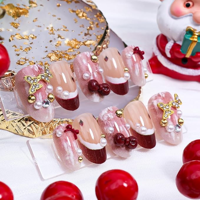10Pcs Red French Tip Press on Nails Short Christmas Fake Nails 3D Gold Butterfly Gems Cute Acrylic Nail Pearl Bow Rhinestones Design Winter False Nail Handmade Glue on Nails for Christmas Manicure