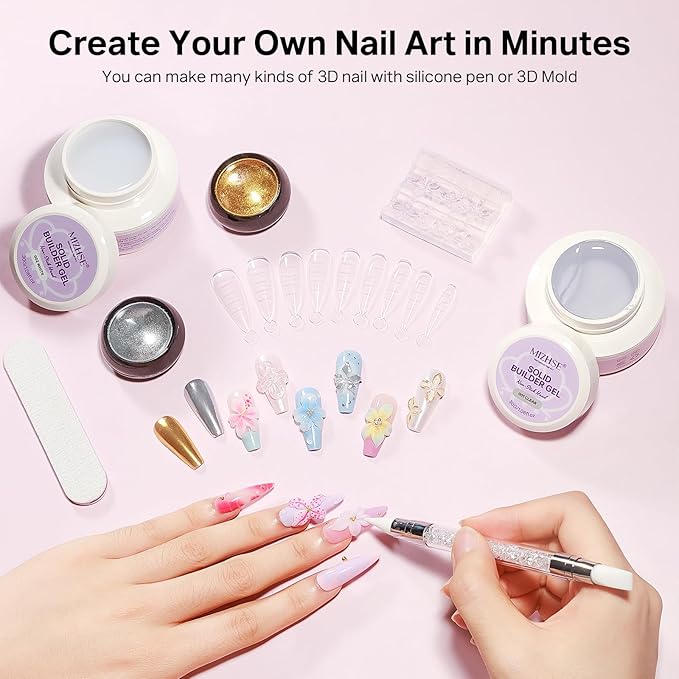 MIZHSE 2Pcs 3D Nail Gel Sculpting Gels, Clear and White Solid Builder Gel for Nails with Silicone Nail Molds Molding Gels 3D Art Non-Sticky Hand UV LED for Nails Salon Home DIY