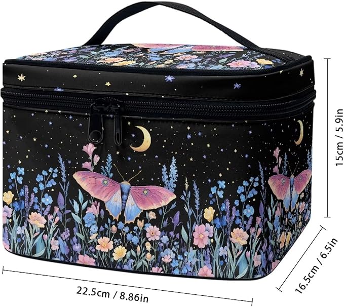 Butterfly Floral Moon Starry Night Print Travel Makeup Bags for Women Portable Tote Cosmetic Case with Carry Handle Toiletry Accessories Storage Organizer Bags