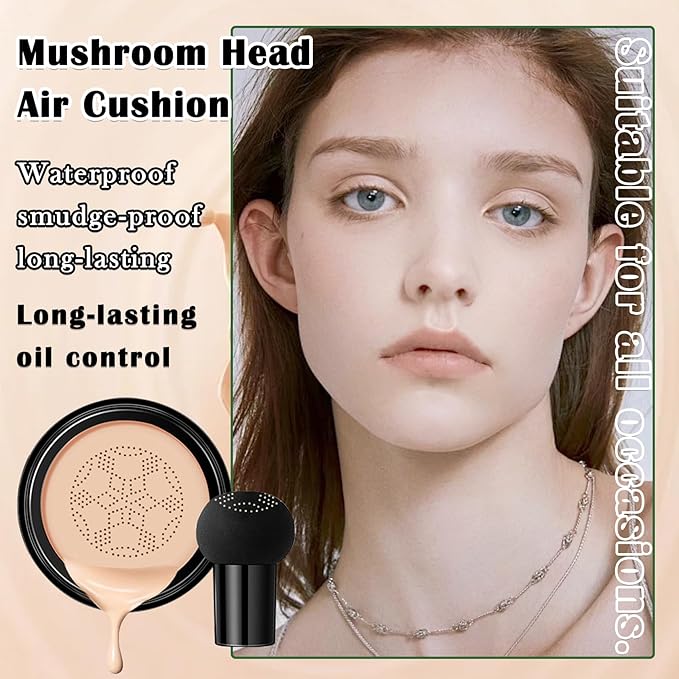 Air Cushion CC Cream Mushroom Head Foundation,Full Coverage Liquid Makeup Foundation,Oil Control Long Lasting Moisturizing BB Cream Foundation Makeup,Matte Concealer for All Skin Types(Ivory)