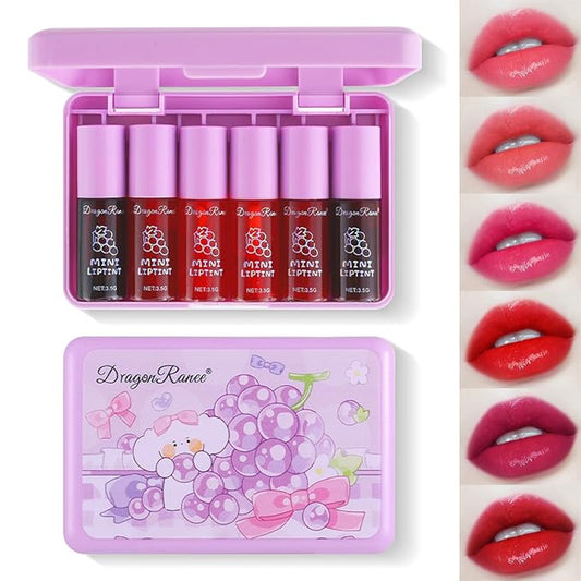 6 Colors Grapes Lip Tint Stain Set, Korean Lip Gloss Watery Lip Stain, Lipstick for Women, Lip Gloss for Girls, Blush for Cheeks, Non-Stick Cup, Waterproof, High Pigment, Lip Tint Makeup