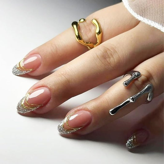 French Tips Press on Nails 3D Curve Line Press ons Fingernail Sparkly Gel Glue on Acrylic Fake Nails 24Pcs Glossy Silver Glitter Medium Almond False Nail Elegant Stick on Nail for Holiday Manicure Art