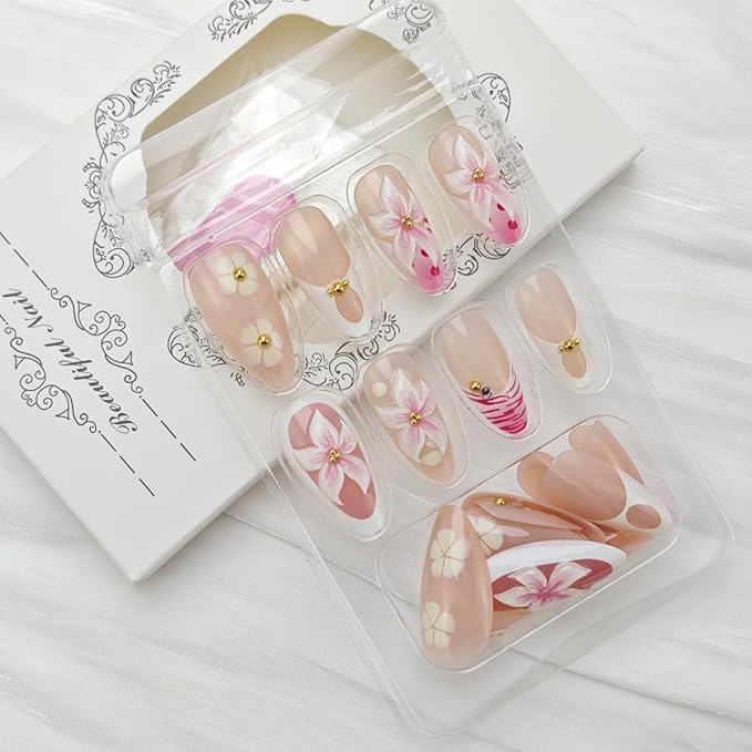 24Pcs Pink Flower Press on Nails Medium Almond Fake Nails 3D Floral with Gold Pearl Glossy Glue on Nails French Tip False Nails Cute Summer Stick on Nails for Women Girls Acrylic Manicure Salon Tips