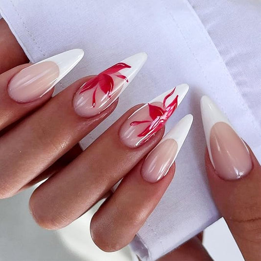 IMRAIN Long Stiletto Press on Nails White French Tips Fake Nails with Red Flower Designs Full Cover Glossy Artificial Gel False Nails for Women 24Pcs