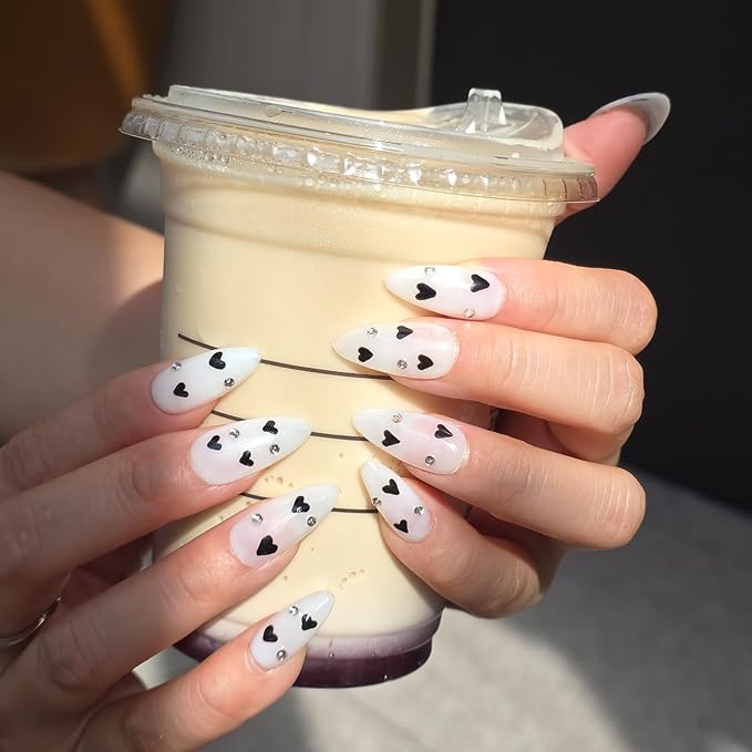 White Press On Nails Black Heart & Rhinestone Design- Handmade Medium Almond Gel Acrylic 10pcs Reusable (Night Sweetheart, Size S)