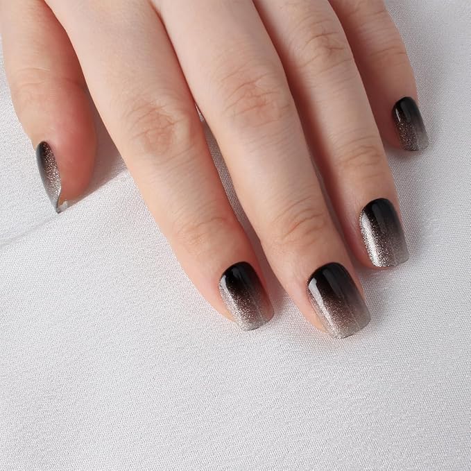 Silver-Black Ombre Press On Nails Short, Glossy Soft Gel Press On Nails Square with Onyx to Chrome Fade Design, Thick Natural Reusable Glue On Nails for Women，15 Sizes - 30Pcs