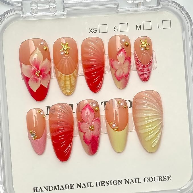 24Pcs Pink Flower Press on Nails Medium Almond French Tip Fake Nails with Gold Shell Pearl Rhinestones Design Summer False Nails Full Cover Artificial Glue on Nails Cute Stick on Nails for Women DIY