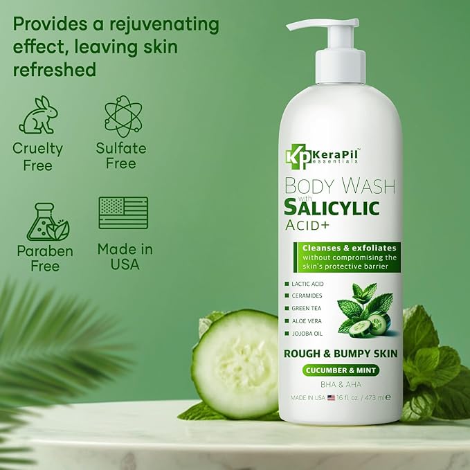Exfoliating Body Wash with Salicylic Acid - No Dry Out, Gentle Exfoliates Rough and Bumpy Skin, Body Acne Wash, BHA & AHA - Cucumber and Mint Salicylic Acid Body Wash - (16 fl oz)