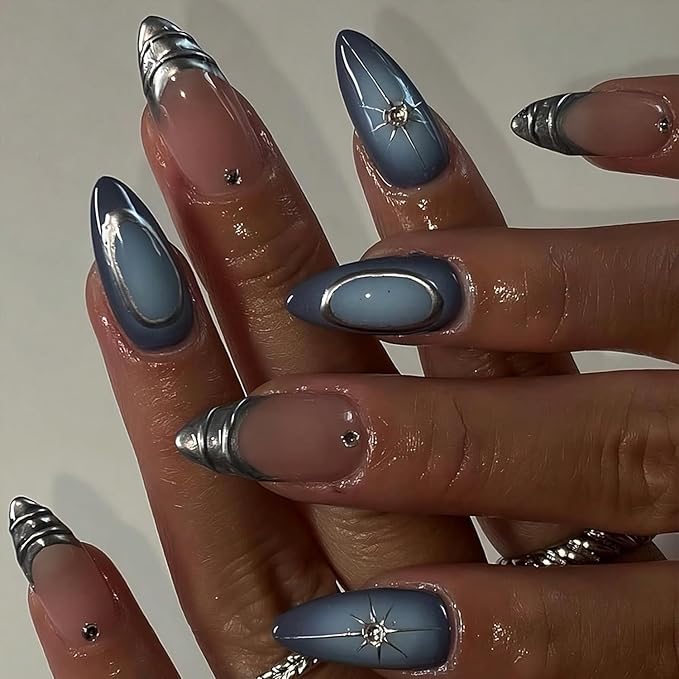 24Pcs Almond Press on Nails Short Fake Nails with Star Designs Gradient Blue Acrylic Nails Silver French Tip Glue on Nails with Rhinestones Metallic Style 3D Nails Press ons False Nails for Women