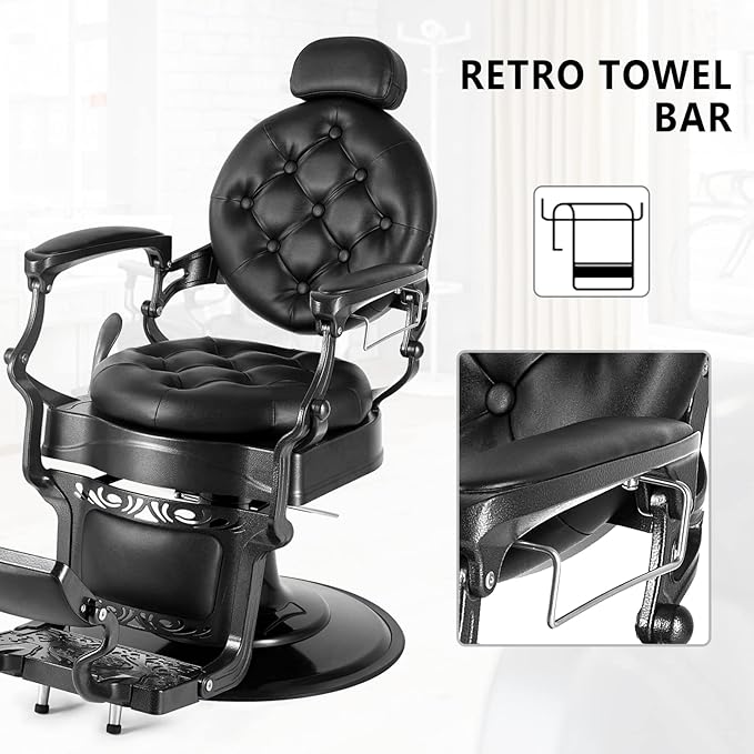 OmySalon Vintage Barber Chair All Purpose Heavy Duty, Hydraulic Recline Salon Beauty Styling Chair Retro Black, 360 Degree Swivel for Hair Stylist Tattoo, Round Base, Tufted Button