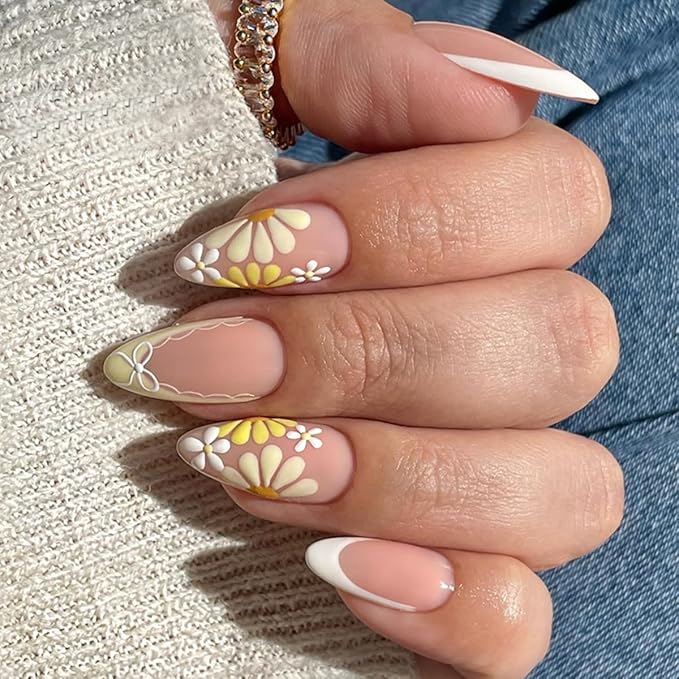 24Pcs French Tip Press on Nails Medium Almond Fake Nails Yellow Flowers False Nails with Designs Bow Daisy Cute Glue on Nails Full Cover Artificial Acrylic Nails for Women Manicure Decoration