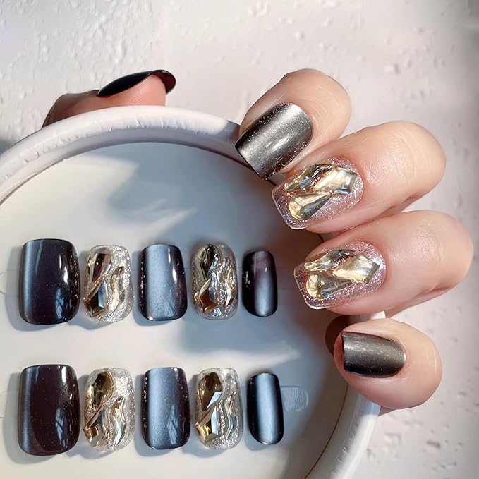 Black Cat Eye Short Squoval Press-On Nails – 28pcs with Champagne Rhinestone Accents, Soft Fit Back, Durable Front Edge, Reusable Full Cover Fake Nails for Daily, Party, Wedding