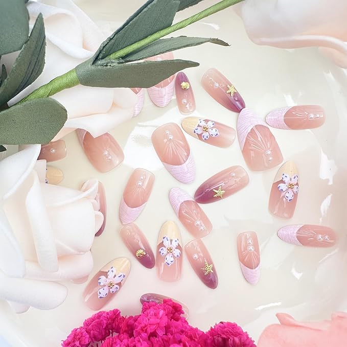 30Pcs Purple Flower Press on Nails Medium Almond Fake Nails with 3D Gold Shell Pearl Design Pink French Tip Acrylic False Nails Water Drop Ombre Summer Full Cover Stick on Nails for Women