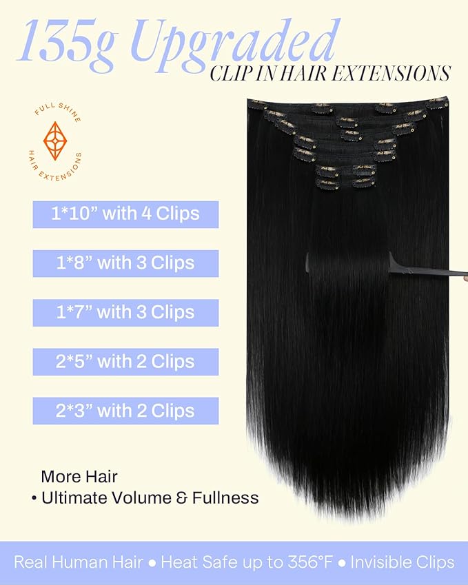 Full Shine Clip in Human Hair Extensions Black Hair Clip in Extensions Human Hair Black Triple Weft Hair Extensions Extra Volume 18 Inch 7 Pcs 135 G