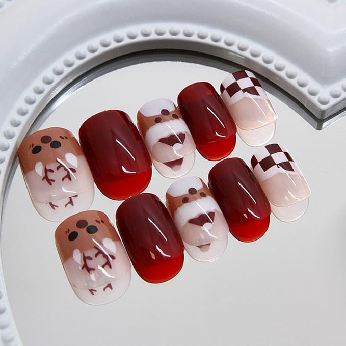 Christmas Press on Nails Short Square False Nails with Cute Elk Santa Claus Design Red Glossy Glue on Nails Full Cover Removable Artificial Stick on Nails for Women 24 Pcs