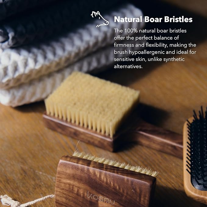 Luxury Natural Walnut Wood Boar Bristle Body Brush | Exfoliating & Detoxifying for All Skin Type | Sweeps Away Dead Skin Cells for Luminous, Smooth Skin | for Wet and Dry Use (Body Brush Set)