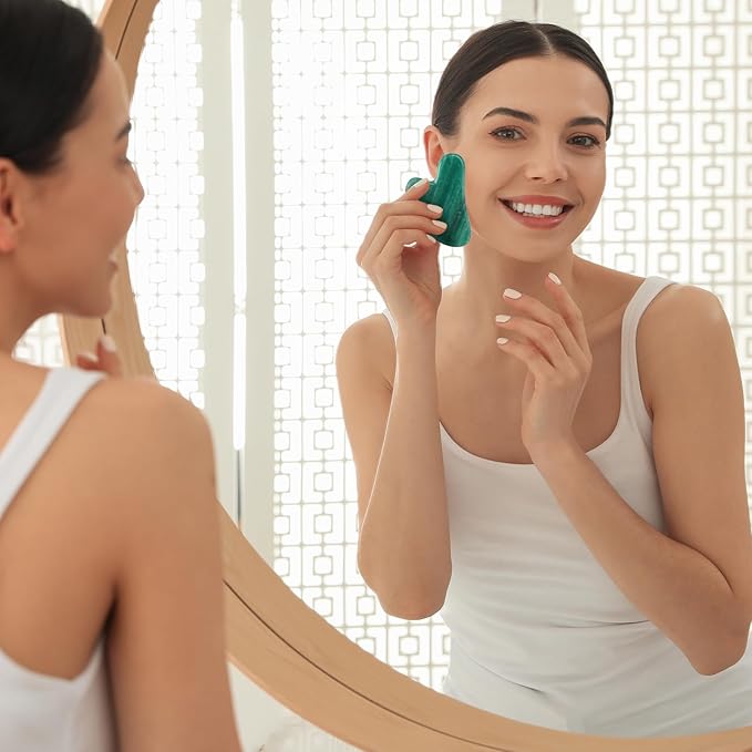 Gua Sha Facial Tools Green, Jade Gua Sha Stones Massage Scraping, Suitable for Face, Eyes, Neck and Body Massage