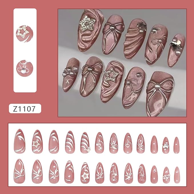 24pcs Pink Press on Nails Medium Almond Fake Nails Silver Bow 3D Diamond Star Charms Design Glossy Acrylic Nails Press ons Cute Stick on Nails Almond False Nail Art Tip for Women Daily Wear