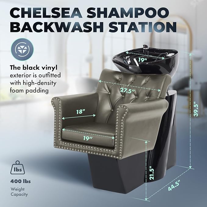 Buy-Rite Chelsea Shampoo Backwash Station - Gray Tufted Chair & Tilting Porcelain Bowl, Brass Nailhead Trim, Removable Cushion, Full Hardware Kit - NIN-9902BW-GRY