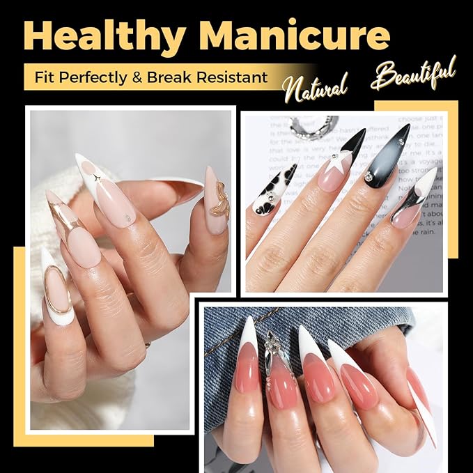 UNA GELLA Long Stiletto Gel Nail Tips, 600Pcs Pre Etched Long Stiletto Almond Nail Tips Clear Fake Nails Press on Nails No C Curve for DIY Christmas Art Salon at Home 12 Sizes