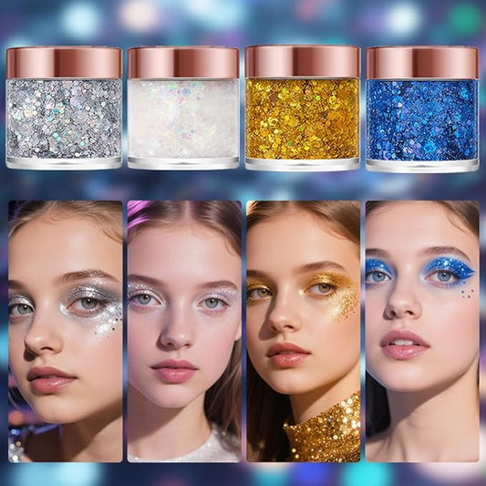 Badhare Dazzling Body Face Hair Glitter Gel 4Pack, Waterproof Sparkle for Parties, Festivals & Cosplay, Long Lasting Shimmer Makeup for Eye Shadow, Freckles & Skin, Easy Wash Off