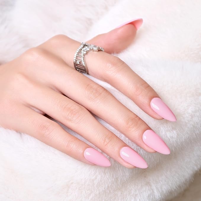 Wooyas Press on Nails Almond, Soft Pink Medium Handmade Gel Fake Nails Reusable ，Lightweight Natural Glossy Fake Nail in 12 Sizes - 24 Pcs Soft Gel Glue On Nails Kit for Women Gift