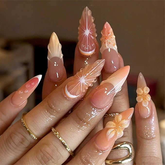 IMRAIN Orange Press on Nails Medium Almond Fake Nails 3D Orange & Flower False Nails with Designs Summer Acrylic Nail Supplies Full Cover Glossy French Glue on Nails for Women Manicure 24Pcs