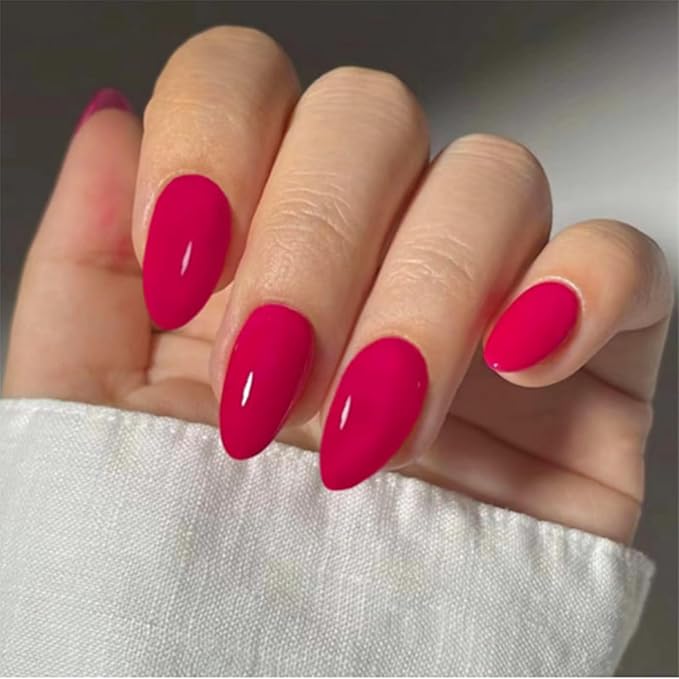 Red Press on Nails Solid Color Fake Nails Short Almond Acrylic Nails Glossy Artificial Nails Red Full Cover Glue on Nails Reusable Stick on Nails for Women and Girls 30 Pcs