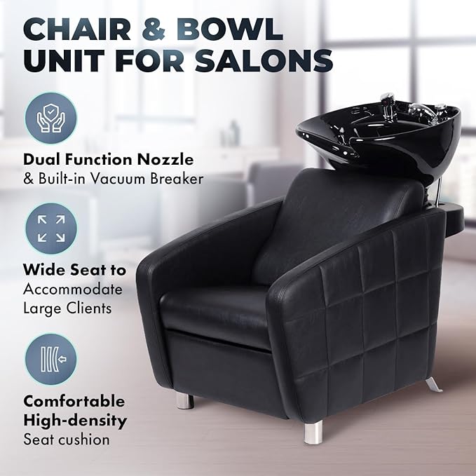 Buy-Rite Icon Shampoo Backwash Unit for Salons & Barbershops, Wide Seat with Lumbar Support, Modern Quilted Vinyl Design, Tilting Porcelain Bowl with Dual Nozzle & Built-In Vacuum Breaker - YLG-192-BW