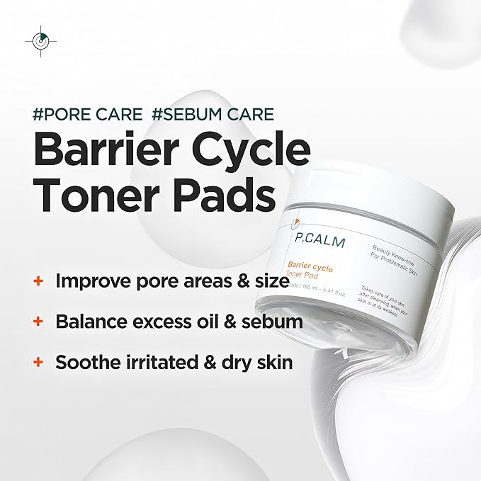 P.CALM Barrier Cycle Toner Pad – 60 Pads with Centella Asiatica & Papaya Extract for Soothing, Moisturizing & Exfoliating, Korean Vegan Facial Toners Pads for Sensitive Skin (160ml / 5.41 fl.oz)