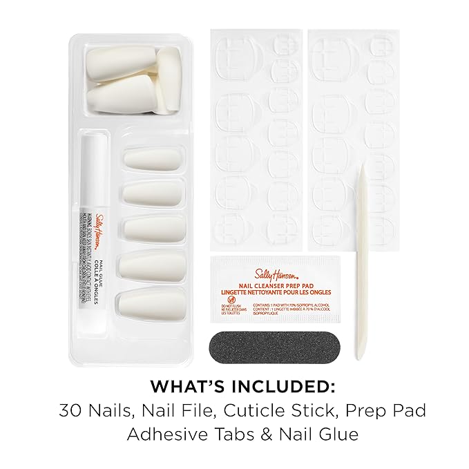 Sally Hansen Salon Effects Perfect Press-On Nails | Coffin Shape | Easy to Apply, Non-Damaging | 30 Nails, Nail Glue, Adhesive Tabs, File | Viva Vanilla