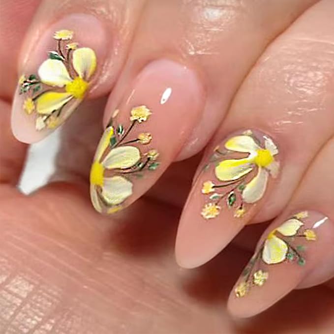 Green Leaves Gel Glue on Acrylic Fake Nails Flower Press on Nails 24Pcs Wild Flowers Press ons Fingernails Glossy Yellow Medium Almond False Nail Oil Painting Stick on Nail for Holiday Manicure Art