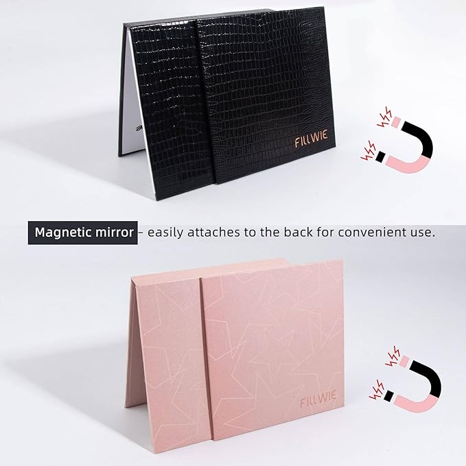 Pink&Black Magnetic Refillable Makeup Palette with Mirror – Lightweight, Durable, Travel-Ready Case for Eyeshadow, Blush, Lipstick – Includes Spatula & 20 Stickers – Small, Waterproof Paperboard