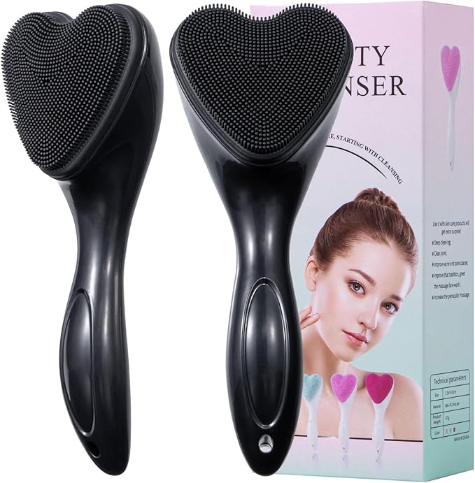 Silicone Face Scrubber Exfoliating Brush, Beomeen 2 Pack Manual Handheld Facial Cleansing Brush Blackhead Scrubber, Soft Bristles Waterproof for Face Skincare (Black,Heart)