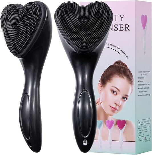 Silicone Face Scrubber Exfoliating Brush, Beomeen 2 Pack Manual Handheld Facial Cleansing Brush Blackhead Scrubber, Soft Bristles Waterproof for Face Skincare (Black,Heart)