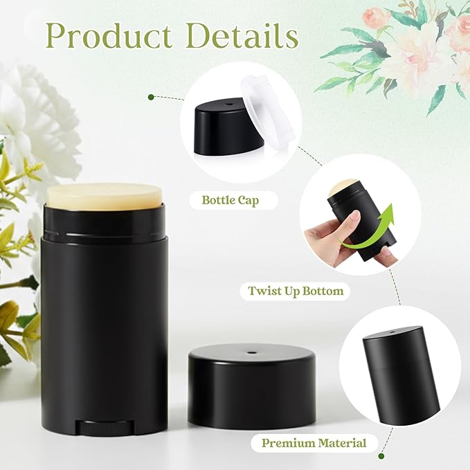 30 Pack 75ml/2.5oz Empty Deodorant Containers, Bottom Filling, Black Plastic Oval Refillable Deodorant Containers Twist up Oval Lip Balm Tube for DIY Deodorants Lipstick Crayon Lotion